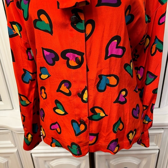 Vintage Escada Red Heart Print Blouse with Neck Bow 34 S - Picture 3 of 16